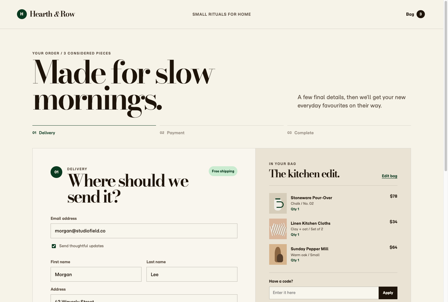 A Hearth and Row checkout page