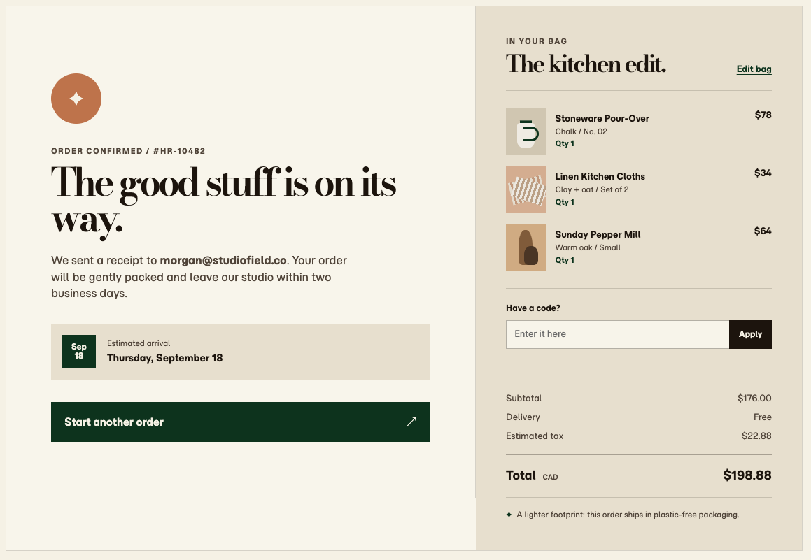 A Hearth and Row order confirmation page